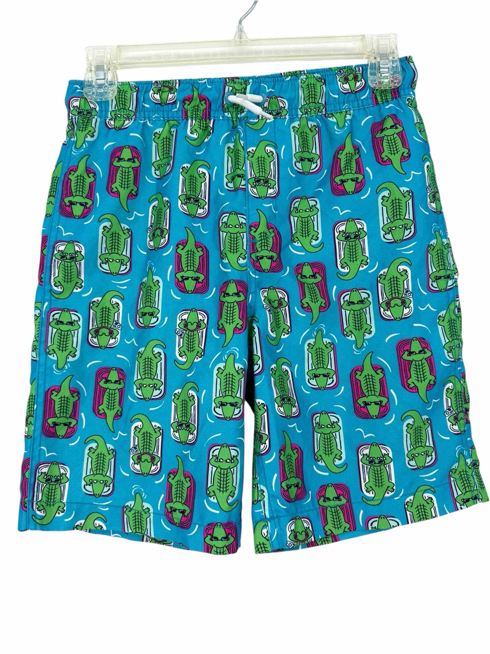Lands' End Slim Volley Boys Blue Alligator Print Swim Trunks
